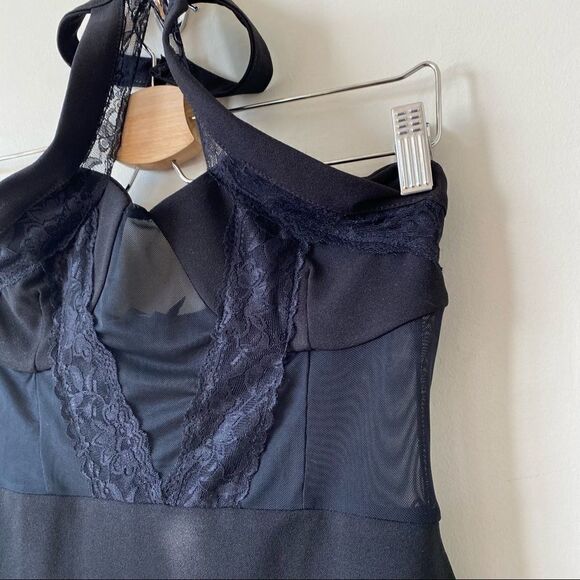 NWT-Black Lace Trim High Neck Sheer Top Bodycon Dress - Picture 5 of 11